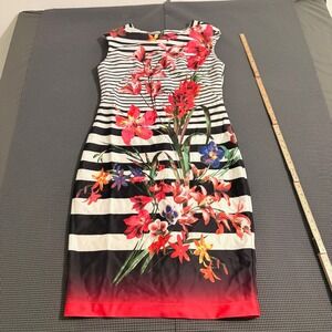 Gabby Skye Womens Size 10 Floral Stripe Sleeveless Sheath Dress Black White Red